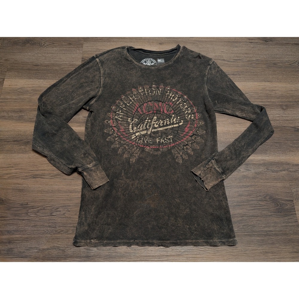 Affliction Mens‎ XL Thermal Long Sleeve Shirt Black Acid Wash Studded California
